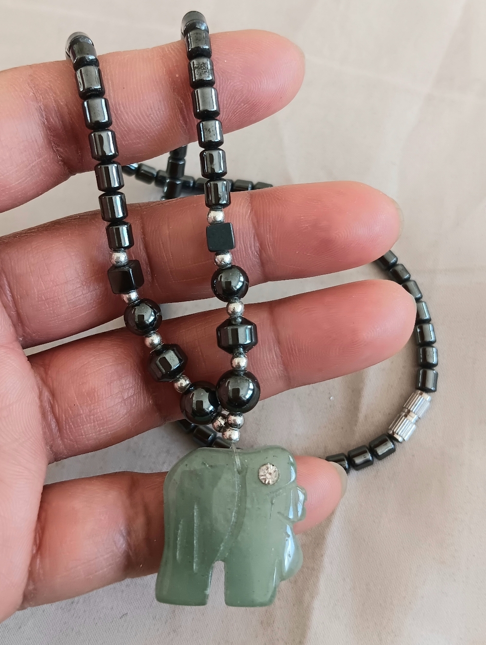 Beautiful Bead And Jadeite Lucky Elephant Pendant Necklace 18"